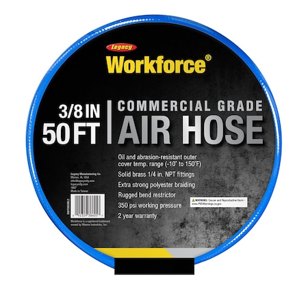 Workforce Air Hose, 3/8in x 50ft, 1/4in NPT Fittings, Blue, PVC HWF3850BL2